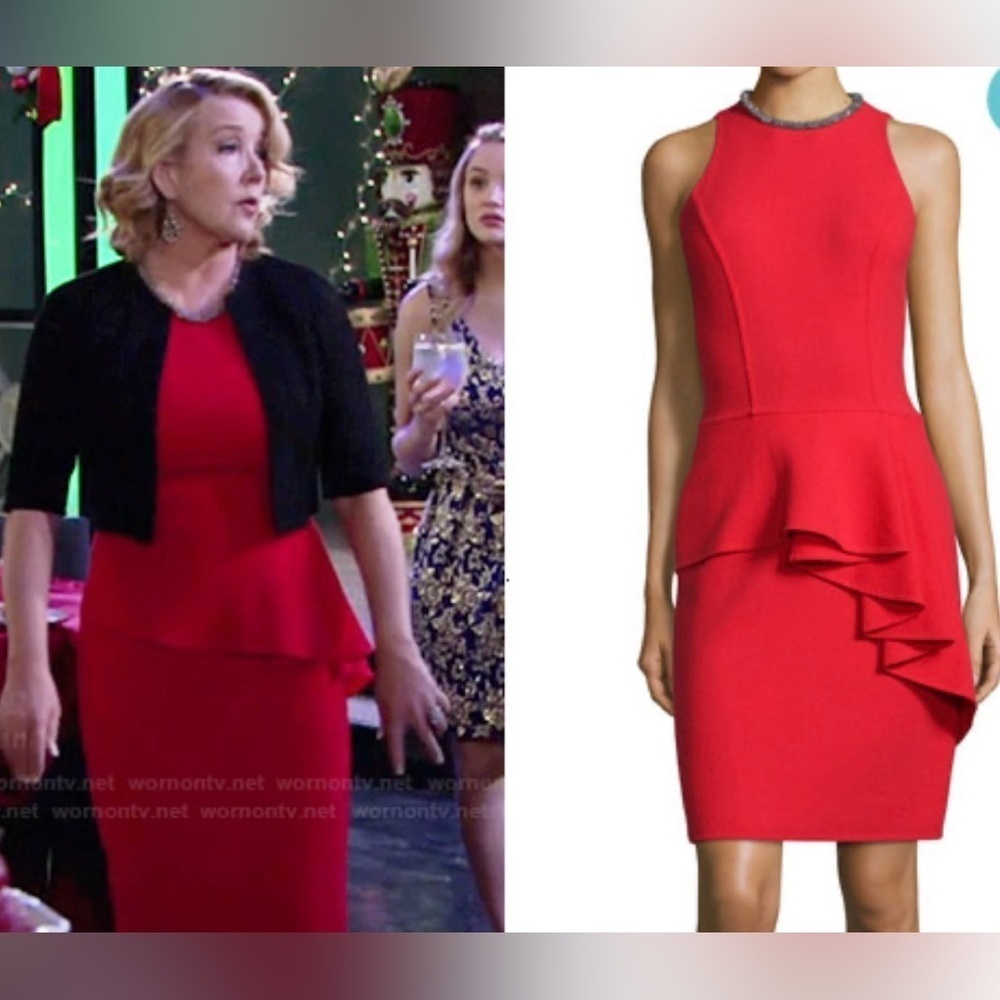 Carmen Marc Valvo Jeweled Neck Red Peplum Sheath Dress Size 12 Retail $590